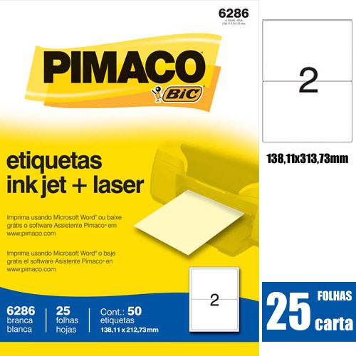 ETIQUETA P INK JET E LASER CARTA C 25 FOLHAS X 2 REF 6286 PIMACO